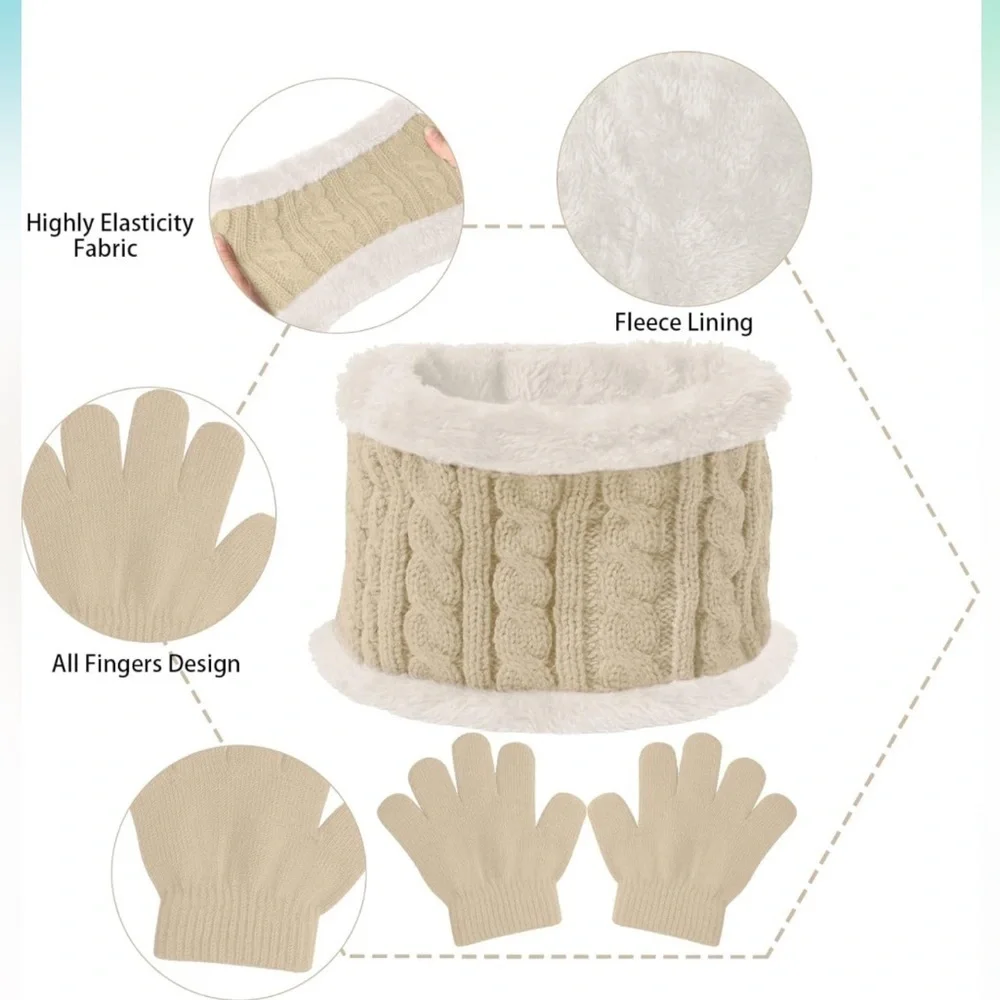 Beige NIP 3 Piece Winter Beanie Pom Pom Hat Neck Warmer Gloves Knit Fleece Lined